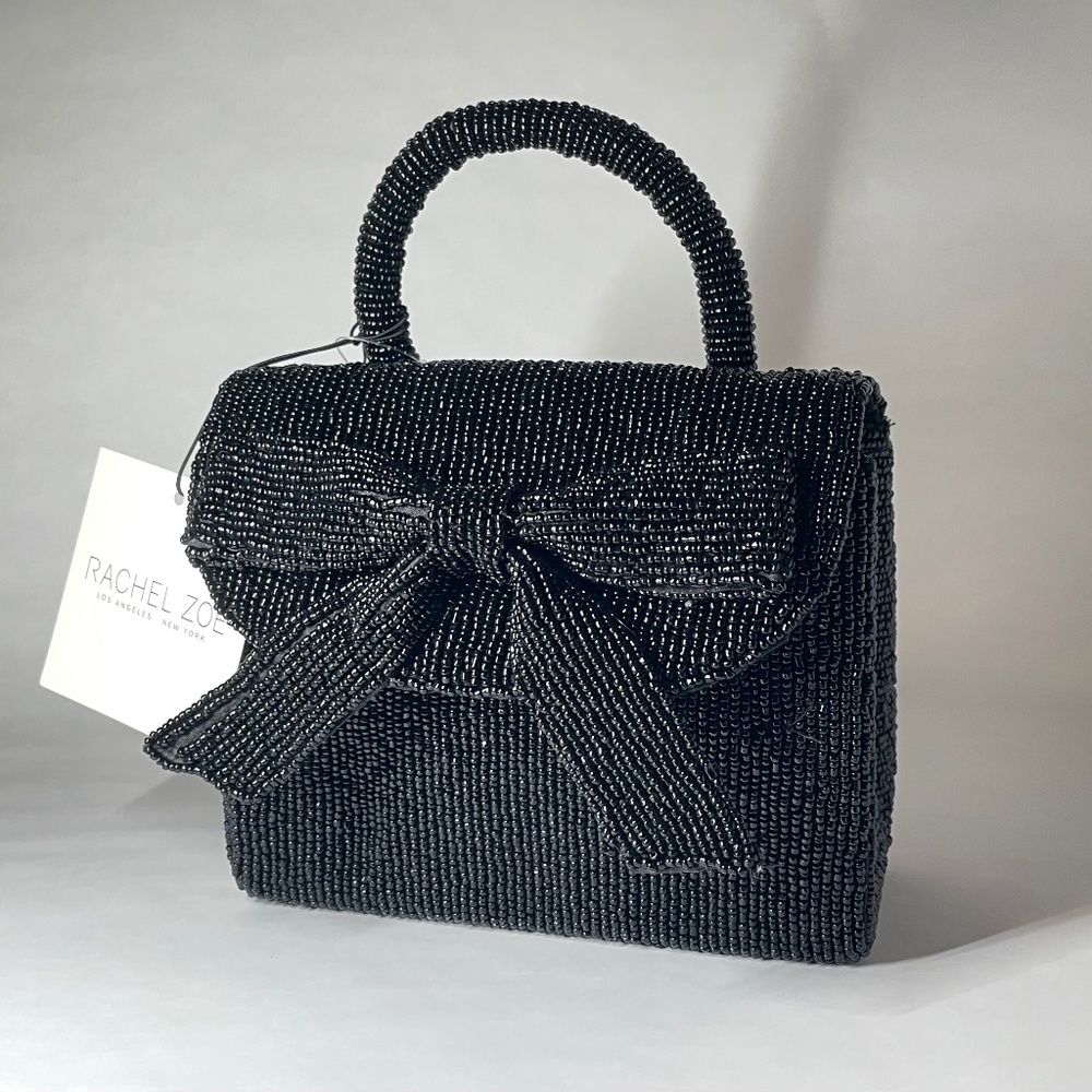 Rachel Zoe Black Beaded Handle Bag / Clutch w Removable Chain Strap Boxed Gift